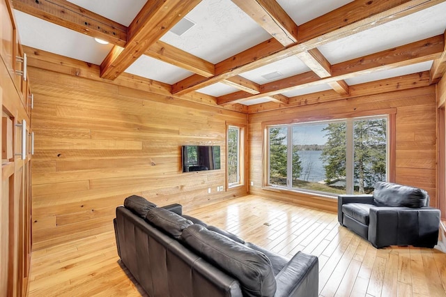 3857 Lake Lucerne Dr, Crandon, WI 54520 - living room with wood walls, beamed ceiling, coffered ceiling, and light wood finished floors