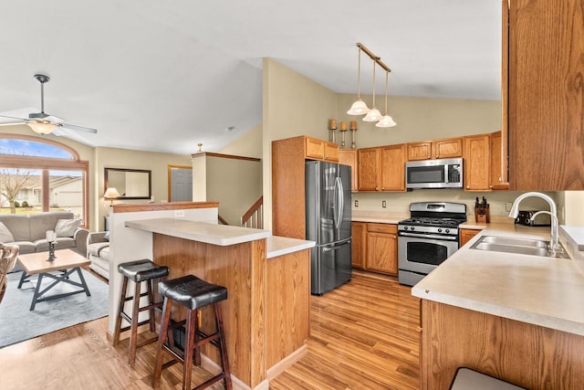 7338 Blue Maple Trl, Madison, WI 53719 - kitchen featuring stainless steel appliances, lofted ceiling, a sink, light wood-type flooring, and a breakfast bar