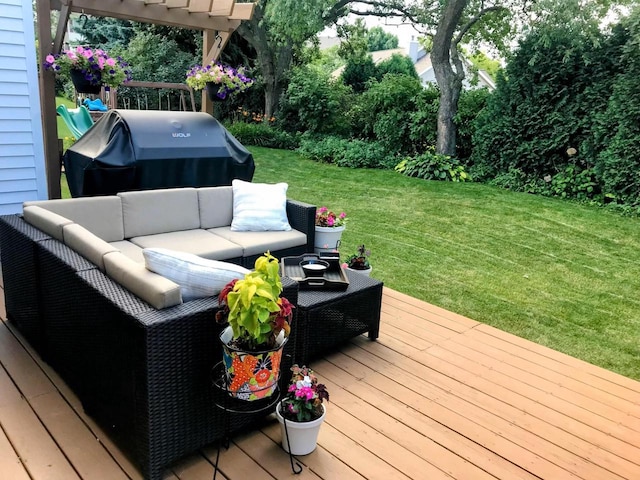 7338 Blue Maple Trl, Madison, WI 53719 - wooden deck featuring an outdoor hangout area, a lawn, and grilling area