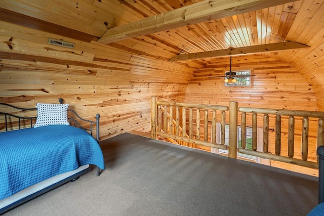 58877 Sudden Valley View Dr, Eastman, WI 54626 - unfurnished bedroom with wood walls, carpet, and wooden ceiling