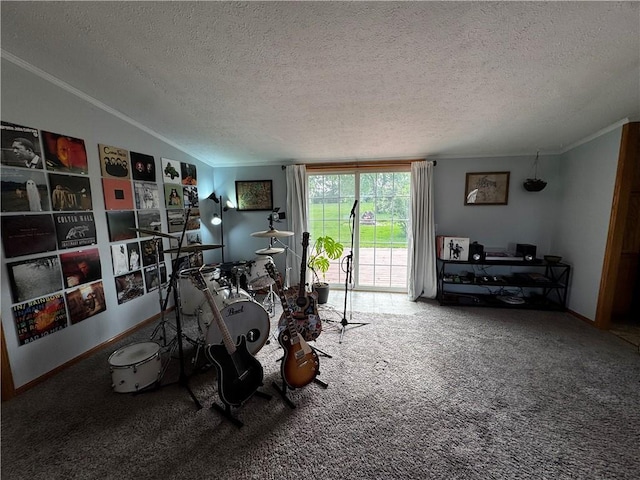 1311 W Northstar Ln, Eau Claire, WI 54703 - exercise room featuring crown molding, a textured ceiling, and carpet