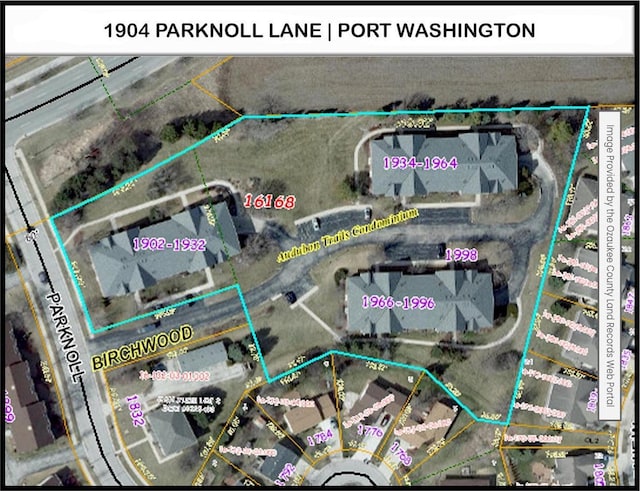 1904 Parknoll Ln, Port Washington, WI 53074 - aerial view of property's location featuring property boundaries highlighted