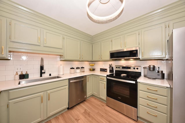724 Worthington Ct Unit 3-A, West Bend, WI 53090 - kitchen featuring stainless steel appliances, a sink, green cabinetry, decorative backsplash, and light countertops