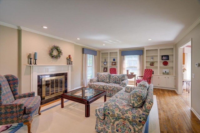 101 Everglade Dr, Madison, WI 53717 - living area featuring crown molding, wood finished floors, a fireplace, recessed lighting, and baseboards