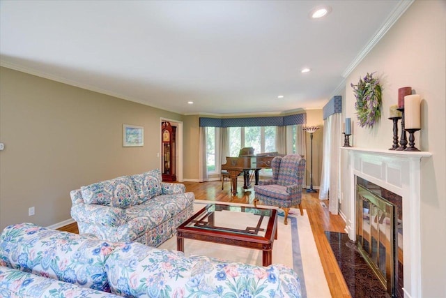 101 Everglade Dr, Madison, WI 53717 - living room with ornamental molding, light wood-type flooring, recessed lighting, a high end fireplace, and baseboards