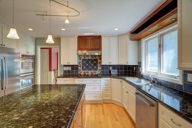 101 Everglade Dr, Madison, WI 53717 - kitchen with appliances with stainless steel finishes, a sink, decorative light fixtures, under cabinet range hood, and tasteful backsplash