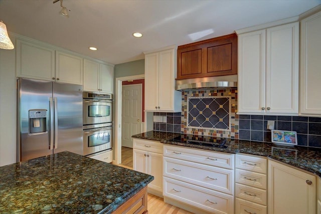 101 Everglade Dr, Madison, WI 53717 - kitchen featuring appliances with stainless steel finishes, ventilation hood, light wood-type flooring, recessed lighting, and dark stone counters