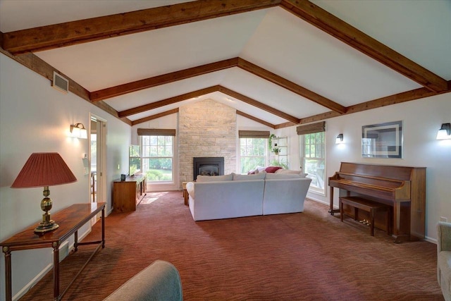 101 Everglade Dr, Madison, WI 53717 - living area with beam ceiling, carpet floors, plenty of natural light, a fireplace, and high vaulted ceiling