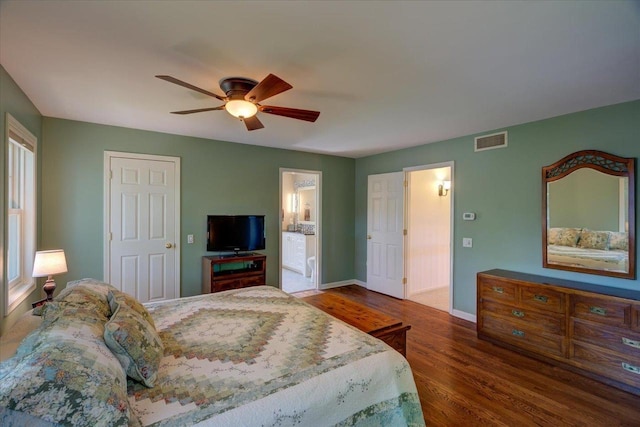 101 Everglade Dr, Madison, WI 53717 - bedroom featuring wood finished floors, baseboards, a ceiling fan, and ensuite bath