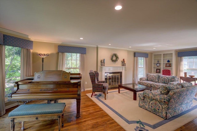101 Everglade Dr, Madison, WI 53717 - living room with crown molding, plenty of natural light, wood finished floors, a glass covered fireplace, and recessed lighting