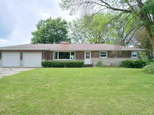 2048 County Road Q, Pound, WI 54161 - single story home with a garage, a front lawn, a chimney, driveway, and stone siding