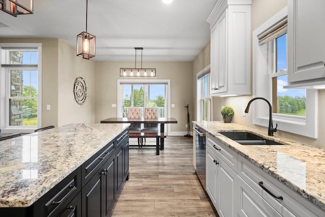 6249 Fountainhead Cir, Deforest, WI 53532 - kitchen featuring a sink, stainless steel dishwasher, dark cabinetry, white cabinets, and light wood-style floors
