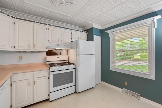 6262 W College Ave, Greendale, WI 53129 - kitchen featuring white appliances, under cabinet range hood, white cabinets, light countertops, and an ornate ceiling