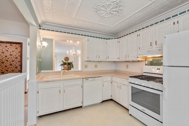 6262 W College Ave, Greendale, WI 53129 - kitchen with white appliances, a chandelier, a sink, white cabinets, and light countertops