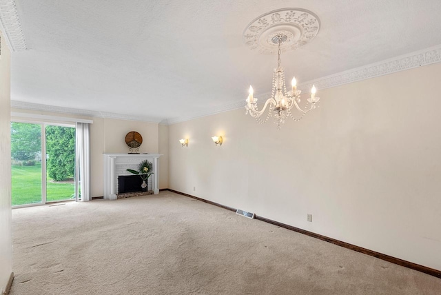 6262 W College Ave, Greendale, WI 53129 - unfurnished living room featuring carpet floors, a chandelier, crown molding, baseboards, and a fireplace