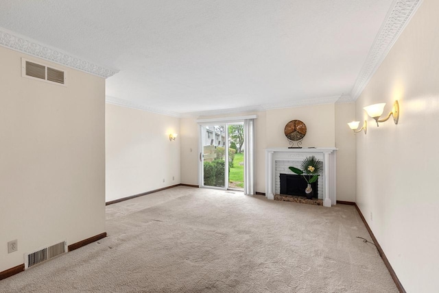 6262 W College Ave, Greendale, WI 53129 - unfurnished living room featuring carpet flooring, ornamental molding, a brick fireplace, and baseboards