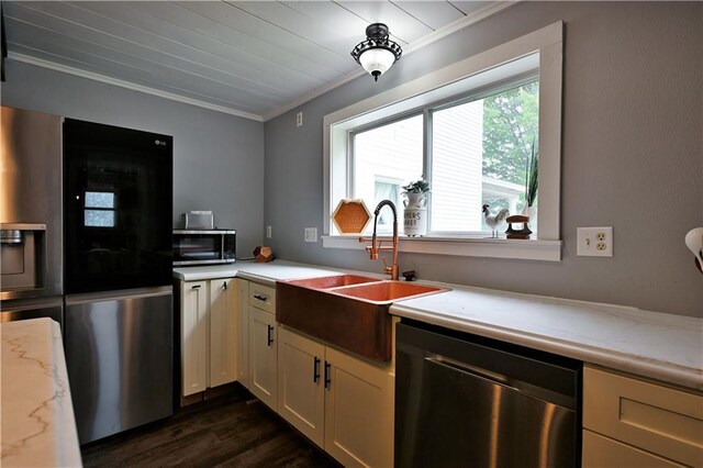 54675 Cudworth Ave, Grand View, WI 54839 - kitchen with appliances with stainless steel finishes, a sink, dark wood-style floors, crown molding, and light stone countertops