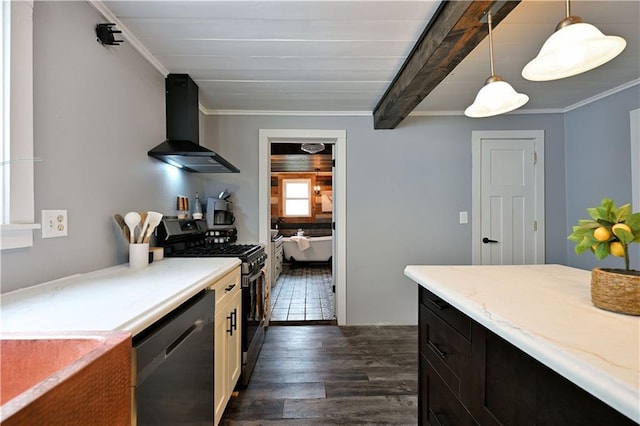 54675 Cudworth Ave, Grand View, WI 54839 - kitchen with wall chimney exhaust hood, dishwashing machine, gas stove, dark wood-style flooring, and crown molding