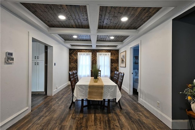 54675 Cudworth Ave, Grand View, WI 54839 - dining space featuring baseboards, coffered ceiling, dark wood-style flooring, beamed ceiling, and recessed lighting