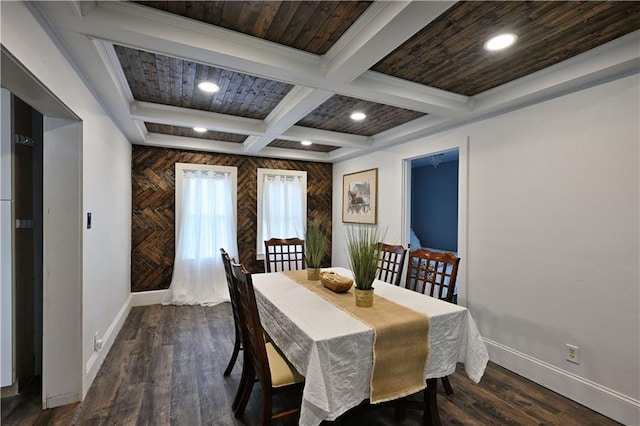 54675 Cudworth Ave, Grand View, WI 54839 - dining space with baseboards, coffered ceiling, dark wood-type flooring, beam ceiling, and recessed lighting