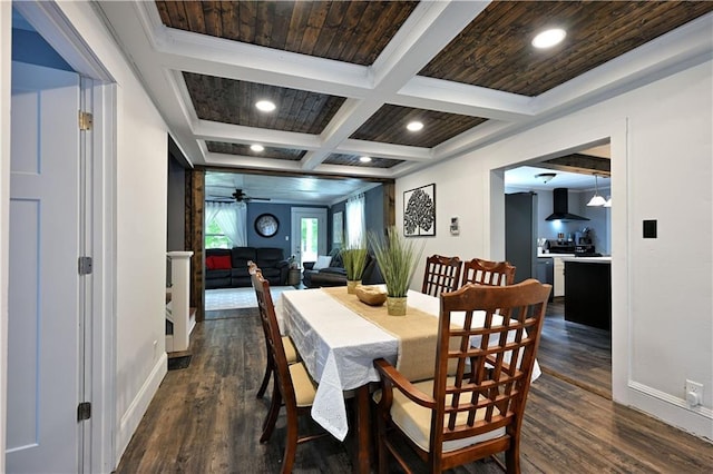 54675 Cudworth Ave, Grand View, WI 54839 - dining area featuring baseboards, coffered ceiling, dark wood-style floors, beam ceiling, and a ceiling fan