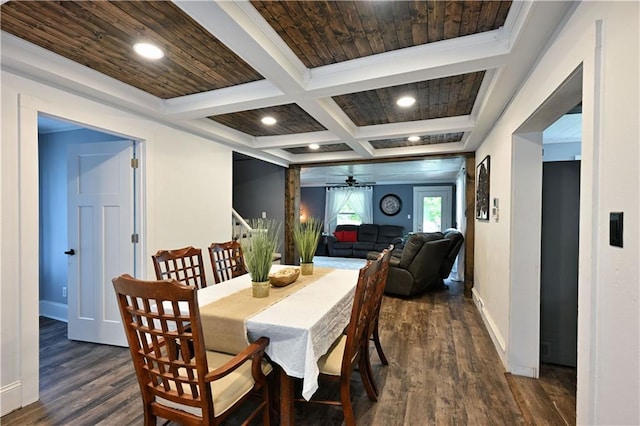 54675 Cudworth Ave, Grand View, WI 54839 - dining space featuring dark wood finished floors, coffered ceiling, baseboards, ceiling fan, and beamed ceiling