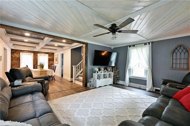 54675 Cudworth Ave, Grand View, WI 54839 - living area featuring baseboards, stairs, wood finished floors, wooden ceiling with exposed beams, and crown molding