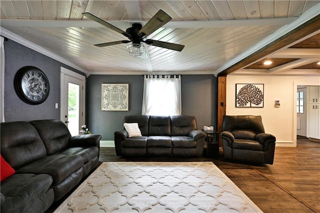 54675 Cudworth Ave, Grand View, WI 54839 - living area featuring dark wood-style floors, a ceiling fan, baseboards, wooden ceiling with exposed beams, and crown molding