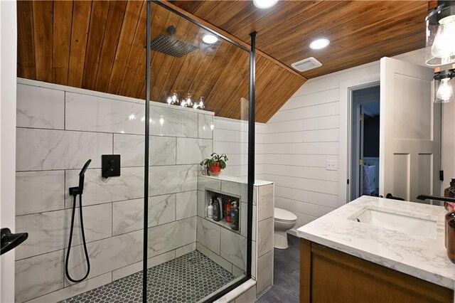 54675 Cudworth Ave, Grand View, WI 54839 - full bathroom featuring wooden ceiling, lofted ceiling, tiled shower, vanity, and recessed lighting