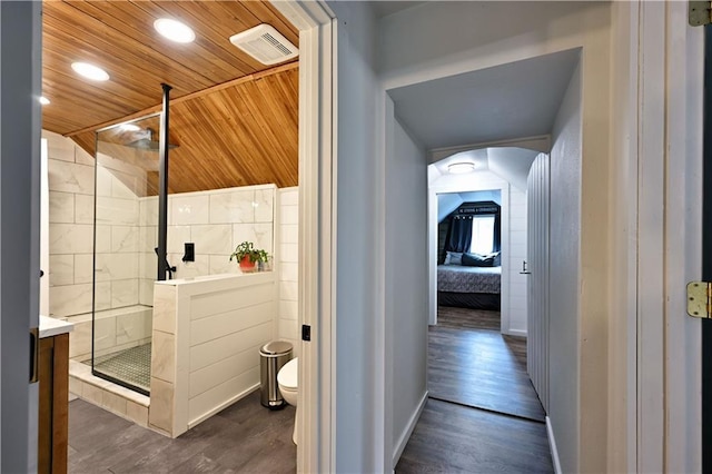 54675 Cudworth Ave, Grand View, WI 54839 - ensuite bathroom featuring toilet, a shower stall, wooden ceiling, wood finished floors, and recessed lighting