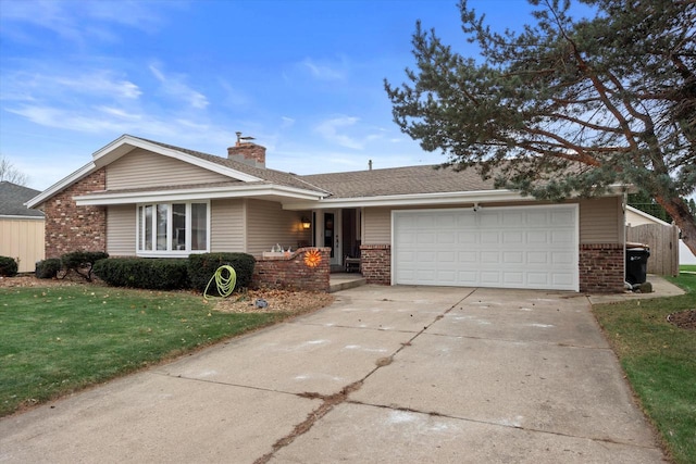 1615 Hickory St, South Milwaukee, WI 53172 - ranch-style house with brick siding, an attached garage, a front yard, driveway, and a chimney