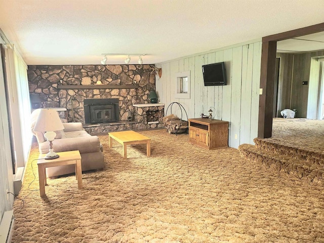 W5677 Alice Ln, New Lisbon, WI 53950 - living room featuring a textured ceiling, carpet flooring, and wooden walls