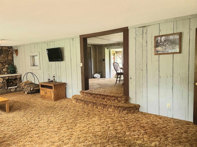 W5677 Alice Ln, New Lisbon, WI 53950 - hall featuring wood walls, carpet, and a textured ceiling
