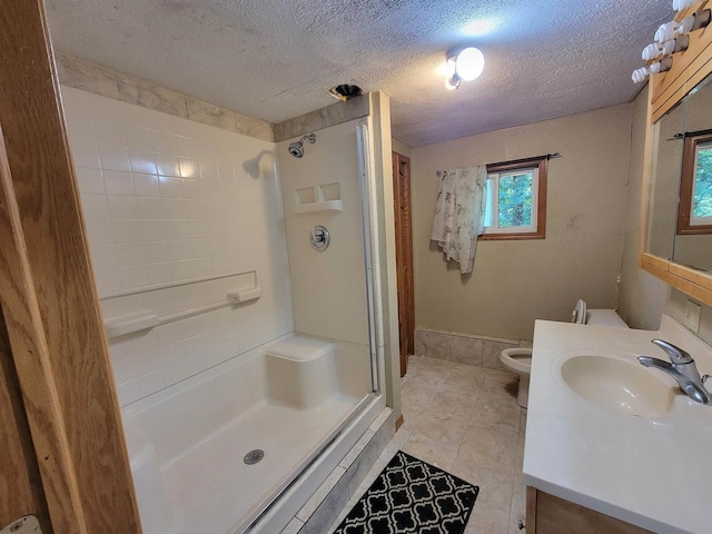 W2671 State Highway 64 E, White Lake, WI 54491 - full bathroom with a shower stall, vanity, a textured ceiling, tile patterned floors, and toilet