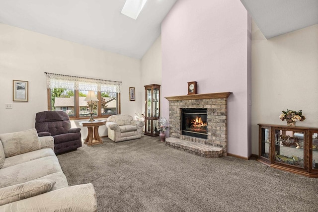 N7844 Lake Shore Ln, Sherwood, WI 54169 - living area with carpet, high vaulted ceiling, a fireplace, and a skylight