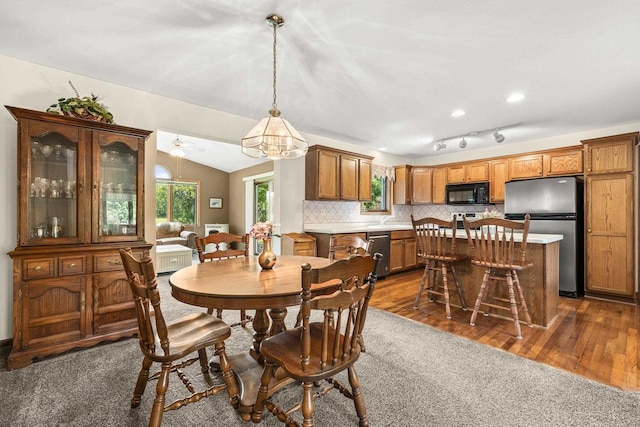 N7844 Lake Shore Ln, Sherwood, WI 54169 - dining room with dark wood-type flooring and lofted ceiling