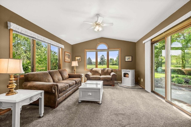 N7844 Lake Shore Ln, Sherwood, WI 54169 - living area featuring a ceiling fan, lofted ceiling, and light carpet