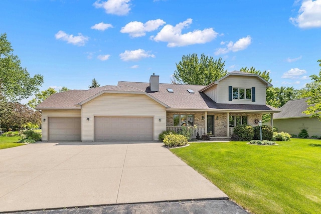 N7844 Lake Shore Ln, Sherwood, WI 54169 - traditional home with a garage, driveway, a front lawn, a porch, and a chimney