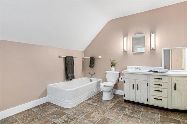 231 S Woodworth St, Elmwood, WI 54740 - full bath with baseboards, vanity, lofted ceiling, a garden tub, and toilet