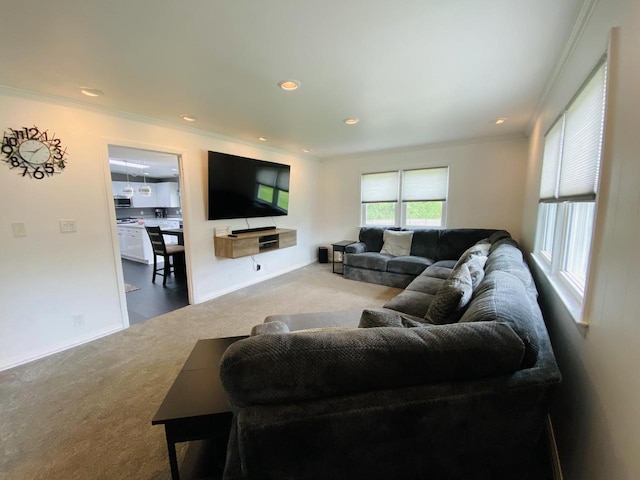 540 W Manor Cir, Bayside, WI 53217 - living room featuring carpet floors, crown molding, and recessed lighting