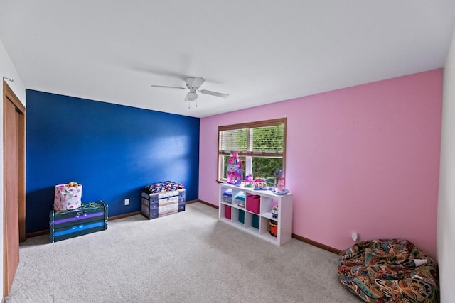 104 Chapel Hill Dr, Johnson Creek, WI 53038 - rec room featuring ceiling fan, carpet floors, and baseboards