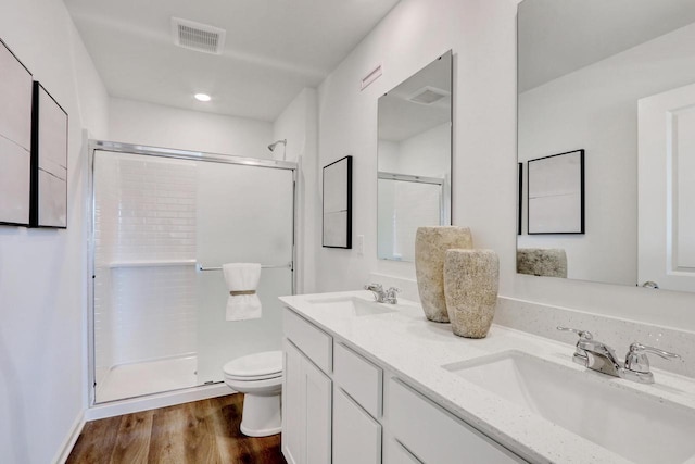 1062 58th Rd, Union Grove, WI 53182 - bathroom with toilet, a stall shower, double vanity, and wood finished floors