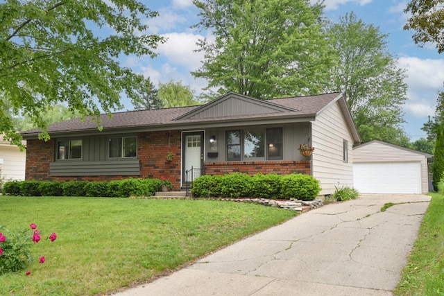 7062 N 46th St, Milwaukee, WI 53223 - ranch-style home featuring board and batten siding, brick siding, an outdoor structure, a front lawn, and a detached garage