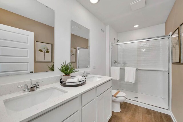 1104 58th Rd, Union Grove, WI 53182 - bathroom with toilet, a shower stall, double vanity, wood finished floors, and recessed lighting