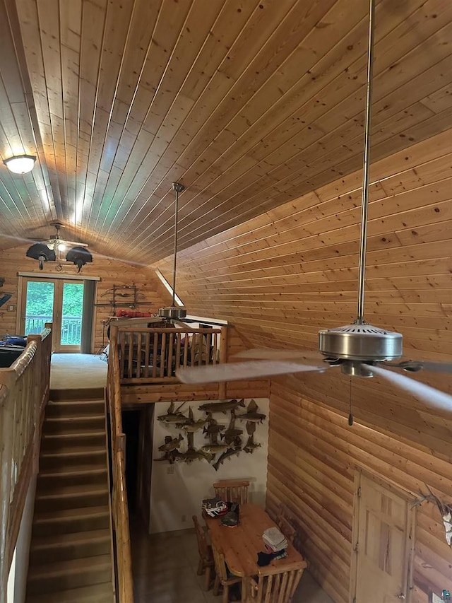 58875 Roy Anderson Rd, Mason, WI 54856 - staircase with wooden ceiling, log walls, and vaulted ceiling