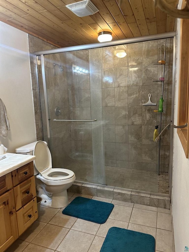 58875 Roy Anderson Rd, Mason, WI 54856 - full bath with vanity, wooden ceiling, toilet, a shower stall, and tile patterned floors
