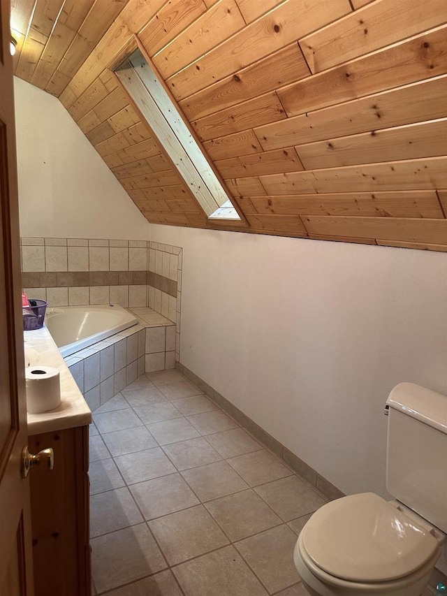 58875 Roy Anderson Rd, Mason, WI 54856 - bathroom with toilet, vaulted ceiling, wooden ceiling, vanity, and tile patterned floors