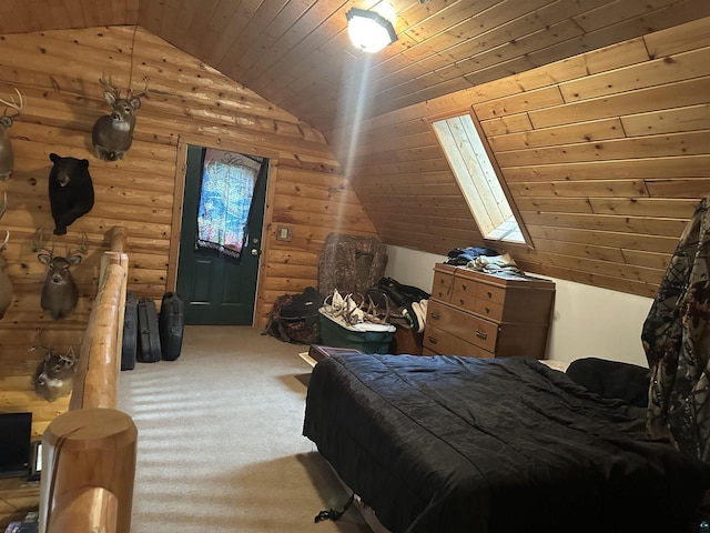 58875 Roy Anderson Rd, Mason, WI 54856 - carpeted bedroom featuring vaulted ceiling, wooden ceiling, a skylight, and rustic walls
