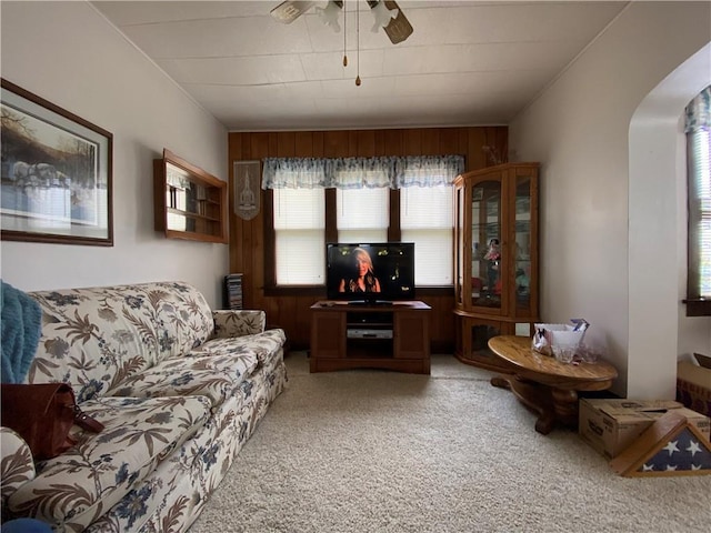 1114 Newman St, Bloomer, WI 54724 - living area featuring light carpet, ceiling fan, arched walkways, and wood walls