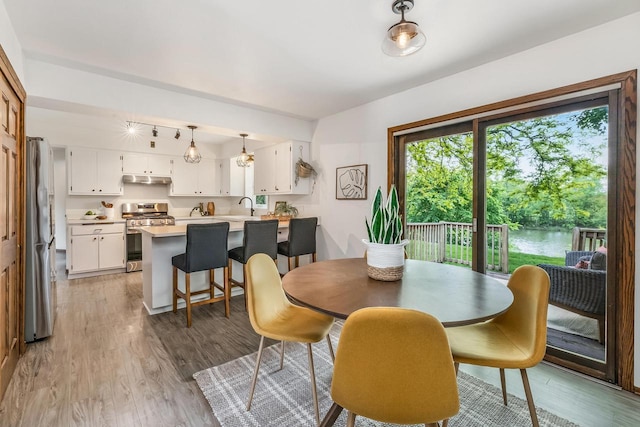 4951 W Joleno Ln, Brown Deer, WI 53223 - dining room featuring light wood-style floors and a water view
